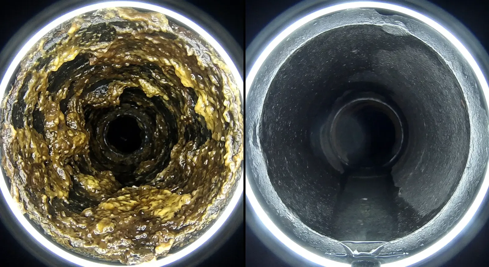 Inside a sewer line before and after hydro jetting, with heavy grease buildup on the left